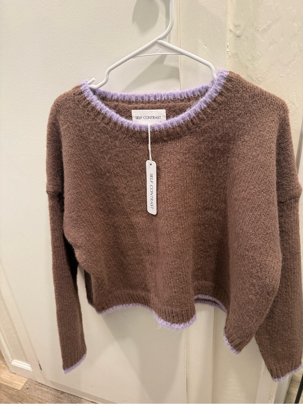 Self Contrast Brown Crewneck Sweater with Lilac Trim
